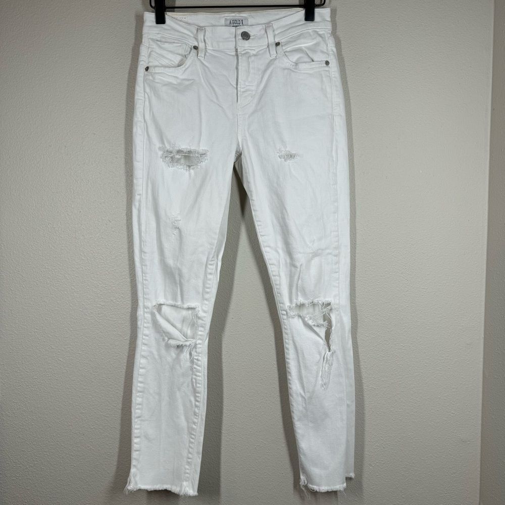 Agolde Jeans Shopie Cropped White Denim Skinny Leg Distressed Ripped Knee 25